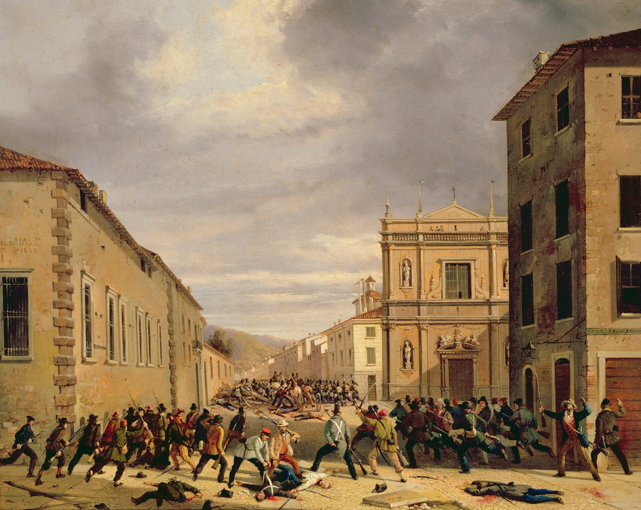 Bitwa 21 marca 1849 r. na Piazzetta Santa Barnaba w Brescii autorstwa Faustino Joli