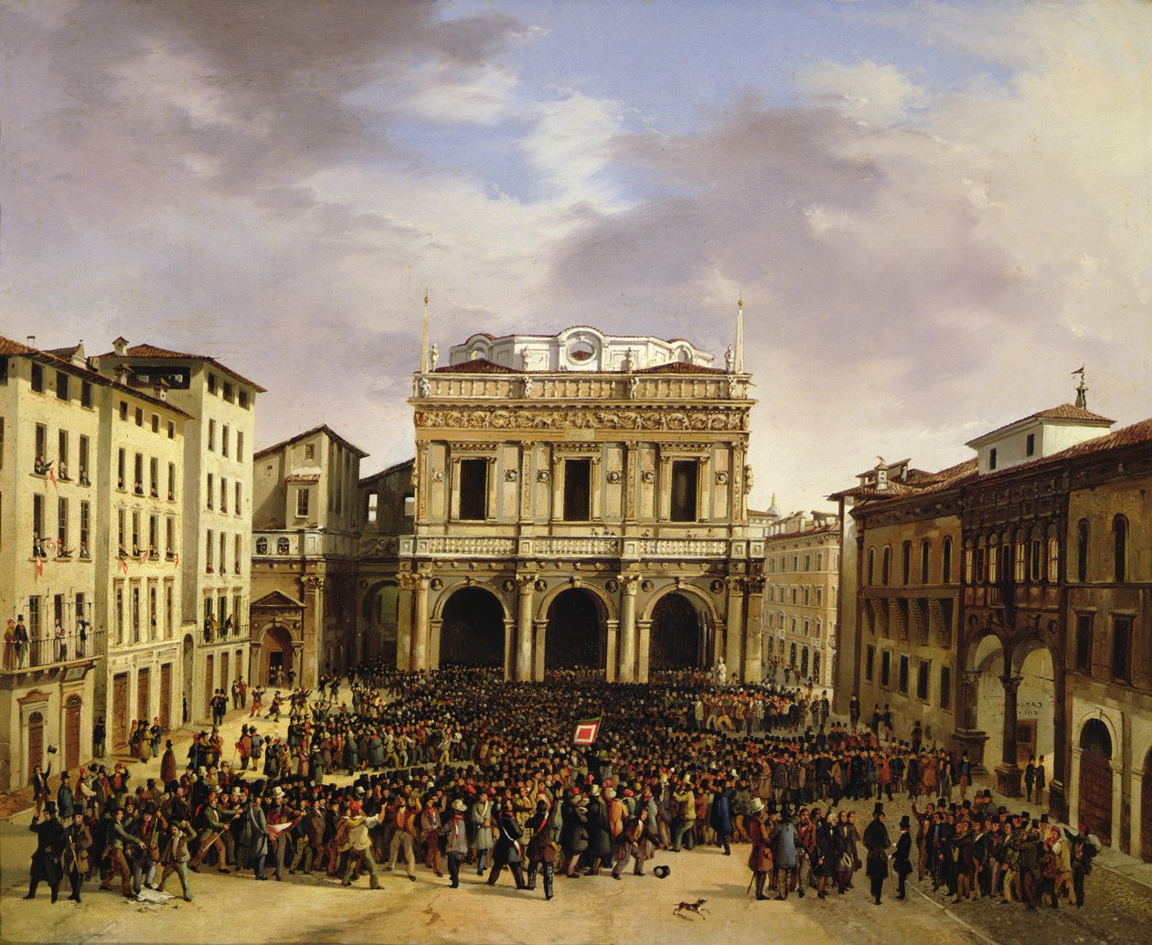 Mieszkańcy Brescii zebrani na Piazza della Loggia 23 marca 1849 r. autorstwa Faustino Joli