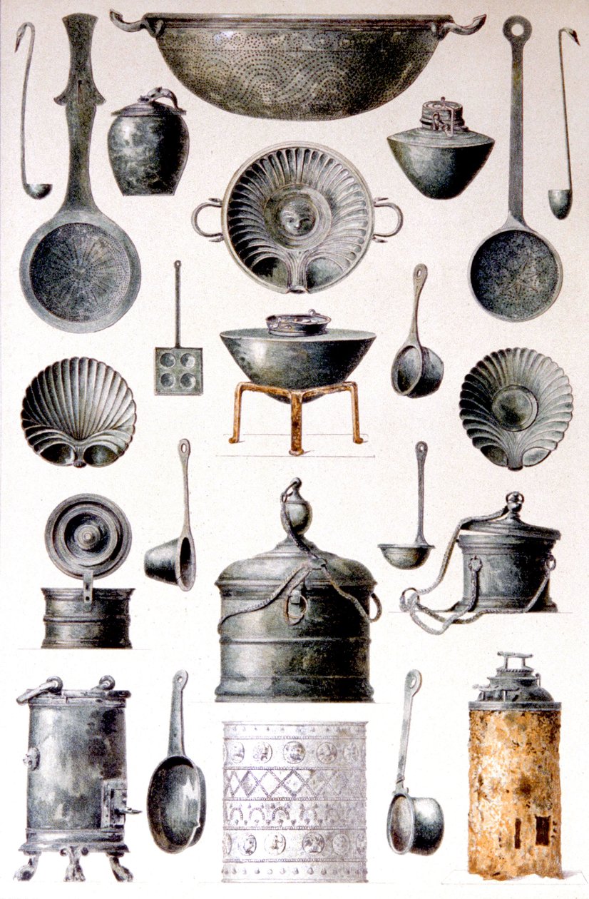 Reprodukcja naczyń kuchennych z Domów i pomników Pompejów autorstwa Fausto i Felice Niccolini, tom IV, dodatek, tabl. XVII autorstwa Fausto and Niccolini Felice Niccolini