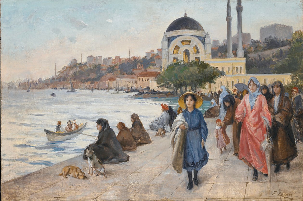 Mafalda nad brzegiem Bosforu, w tle meczet Dolmabahce (olej na płótnie) autorstwa Fausto Zonaro
