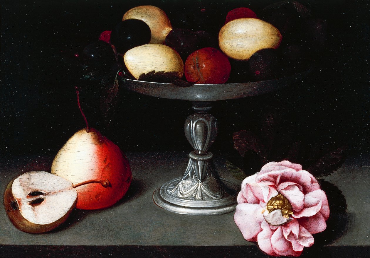 Stojak ze śliwkami, gruszkami i różą, ok. 1602 r., autor: Fede Galizia (1578-1630) autorstwa Fede Galizia