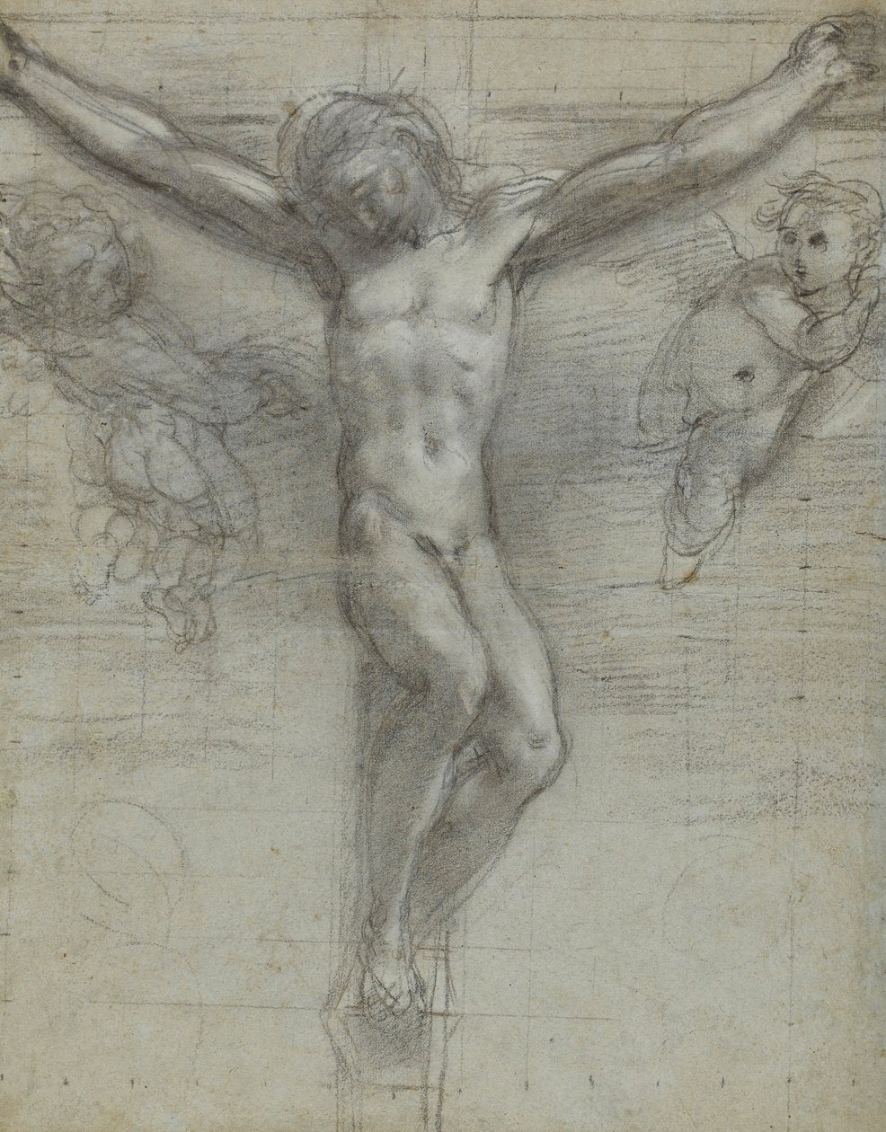 Studium Chrystusa na krzyżu z dwoma Aniołami (kreda czarna, podkreślona bielą na papierze) autorstwa Federico Barocci