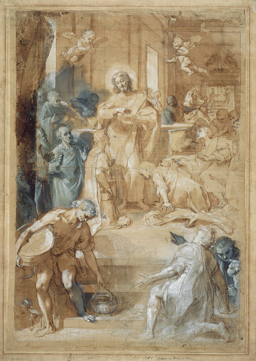 Instytucja Eucharystii, ok. 1603 (tusz z washem, czarna kreda i olej grisaille na papierze) autorstwa Federico Barocci