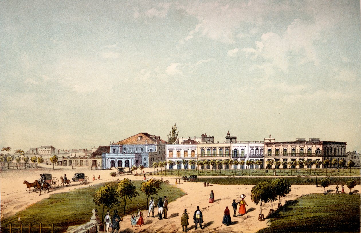 Teatro de Tacon i część Paseo de Isabel II, widziana z Bramy Monseratte, 1840 autorstwa Federico Mialhe