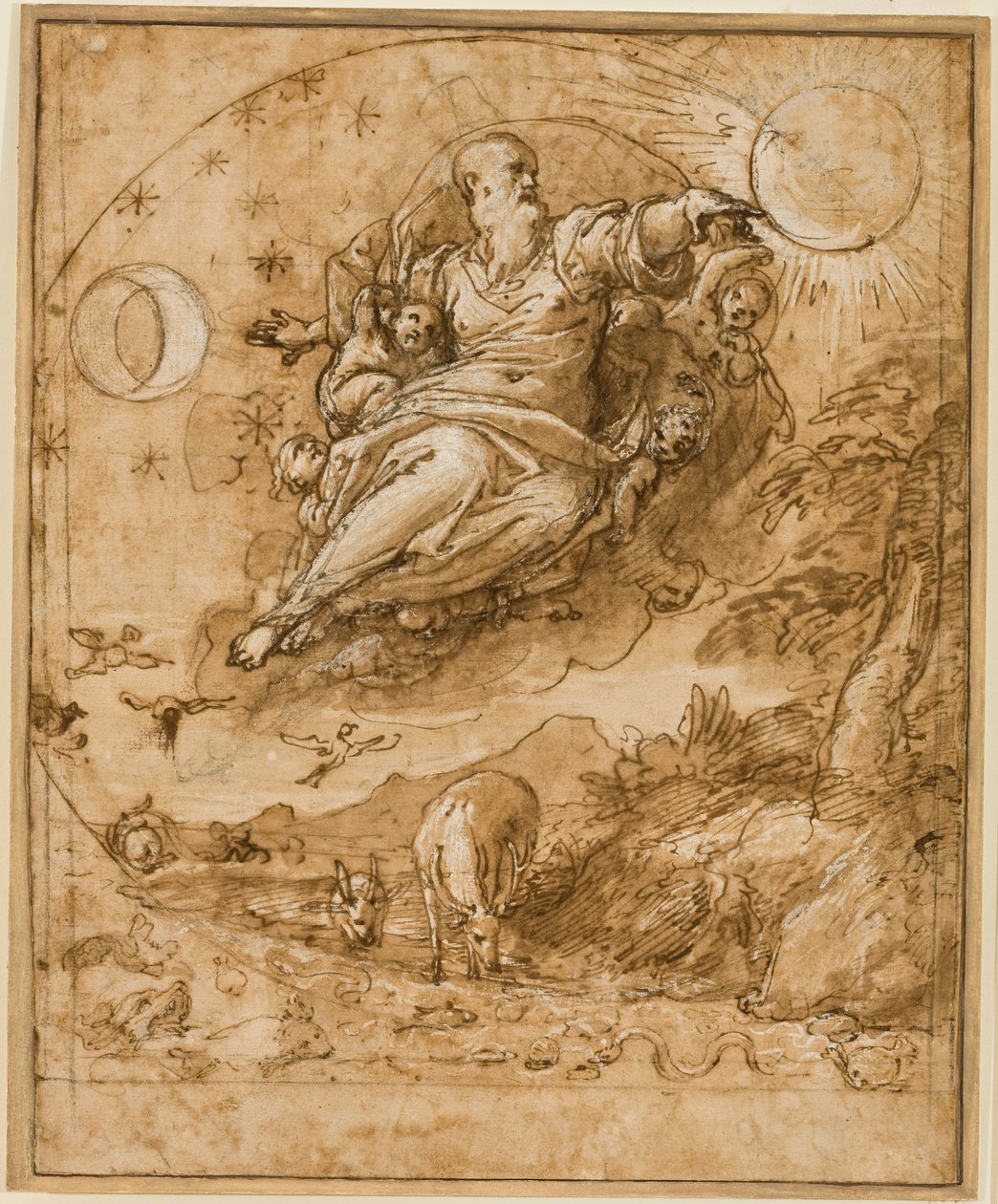 Pan stwarzający słońce i księżyc, 1566-69 (pióro i atrament, kreda, lawowanie i białe podkreślenie na papierze) autorstwa Federico Zuccaro