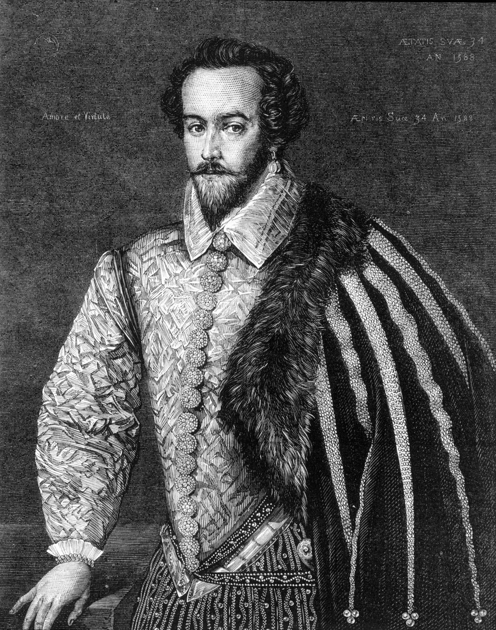 Portret Sir Waltera Raleigha (1554-1618), angielskiego nawigatora, dworzanina i pisarza. Grawerowanie według obrazu przypisywanego Federico Zuccaro (lub Zuccari) (1549 - 1609) z 1588 roku. autorstwa Federico (after) Zuccari or Zuccaro