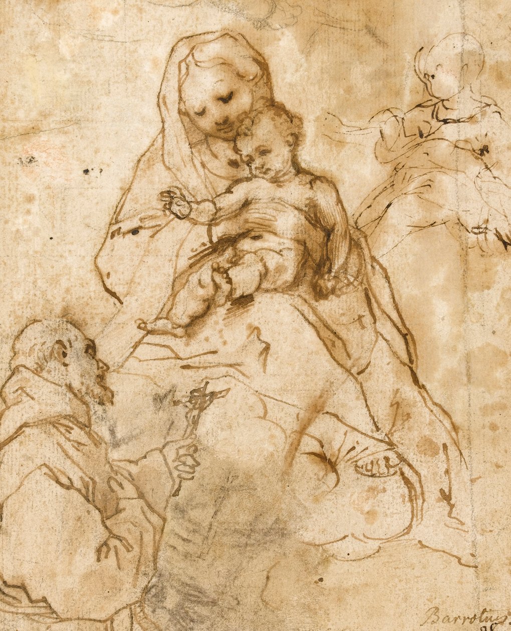 Dziewica i Dzieciątko ze św. Franciszkiem (czerwona kreda z piórem i atramentem na papierze) autorstwa Federico Barocci