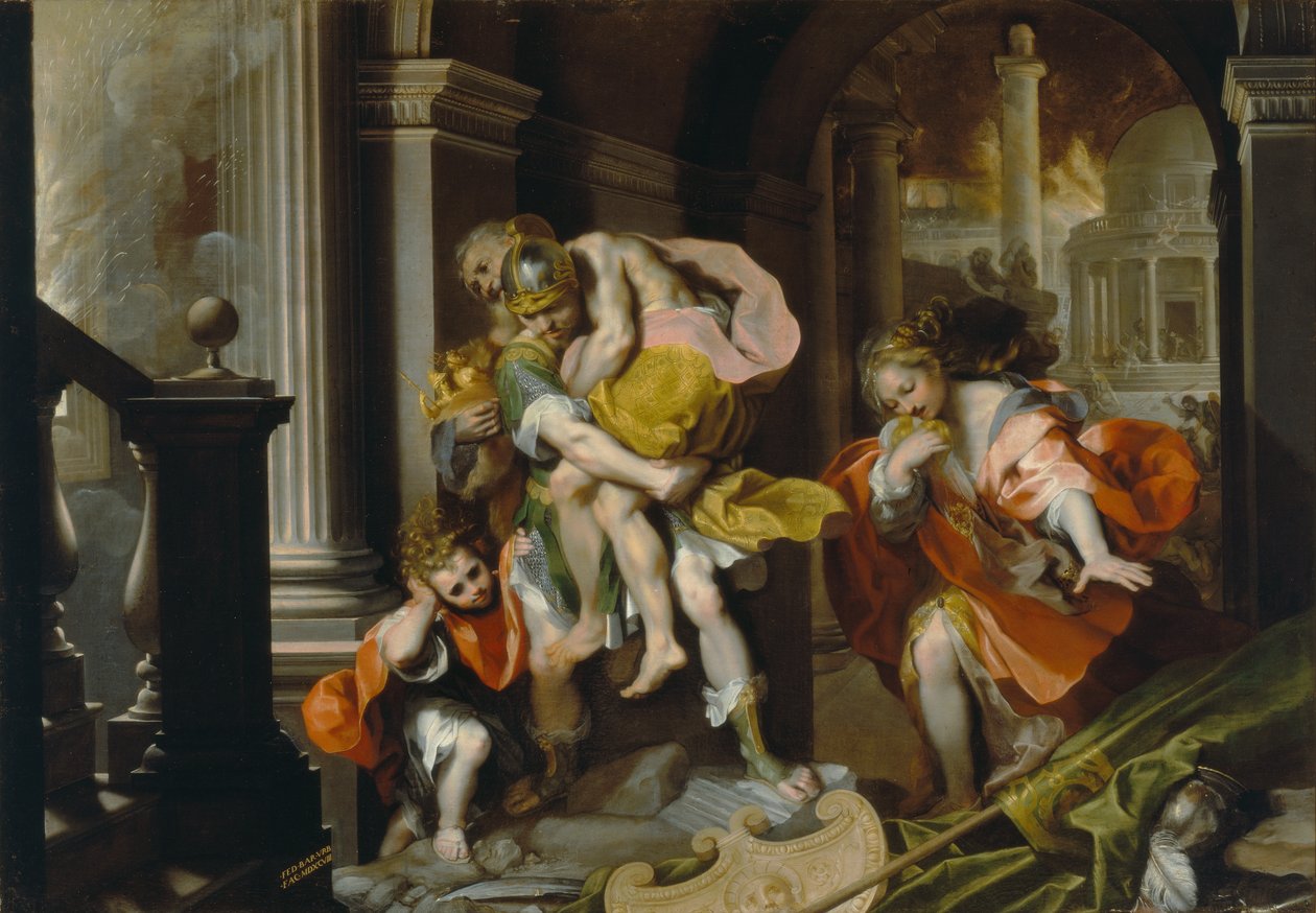 Eneasz i Anchises uciekający z Troi, ok. 1587 (pióro i atrament oraz olej z białym podwyższeniem) autorstwa Federico Fiori Barocci or Baroccio