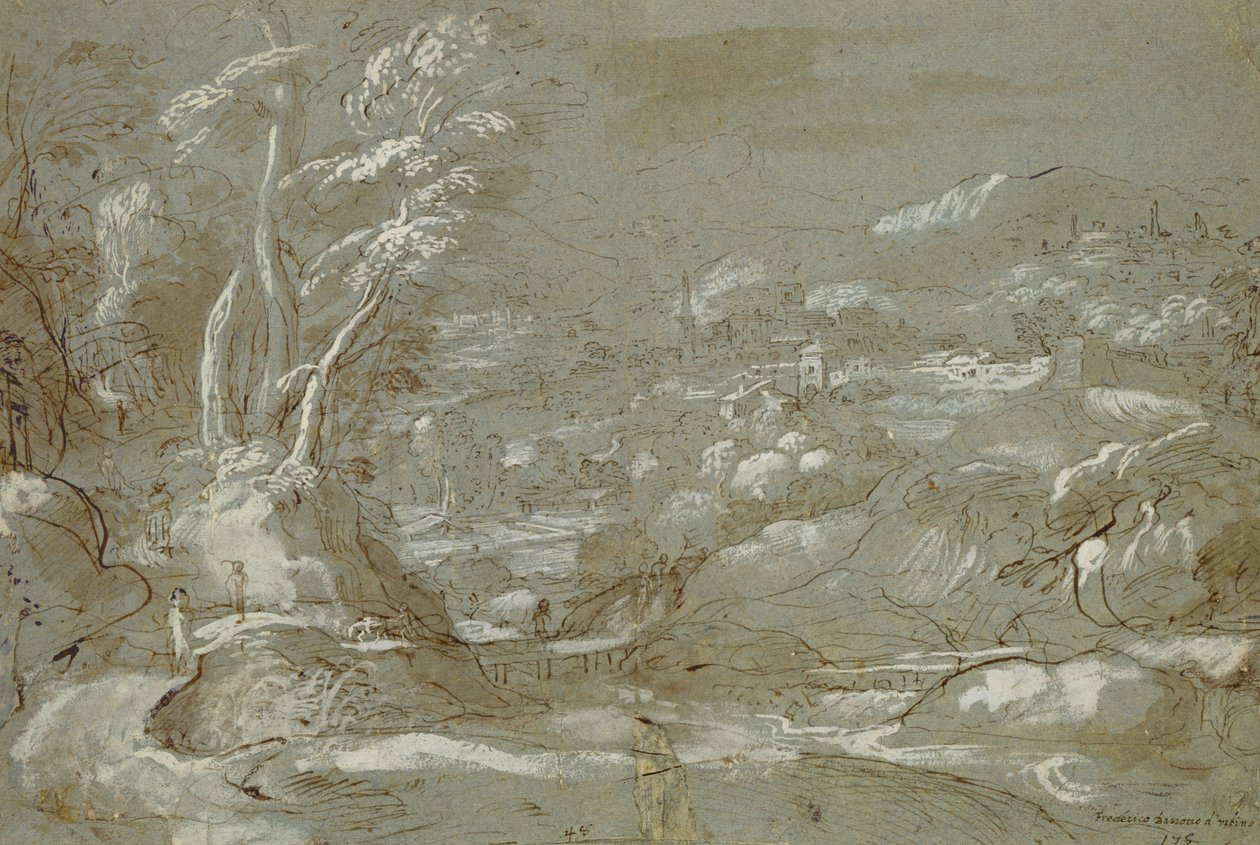 Krajobraz (pióro i tusz na papierze z białymi podświetleniami) autorstwa Federico Fiori Barocci or Baroccio