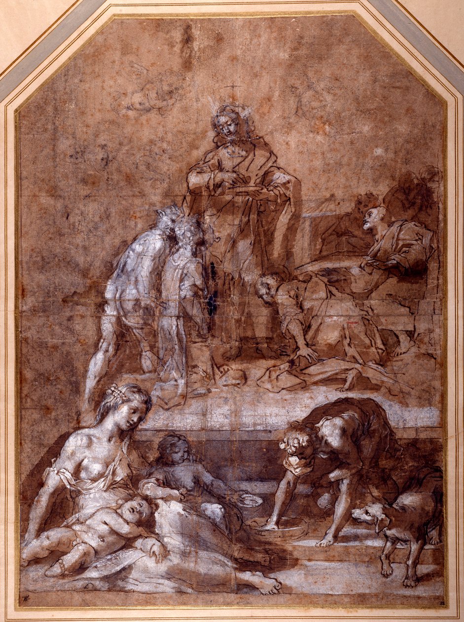 Alegoria religijna, zebranie Manny i Ustanowienie Eucharystii (pióro i atrament i kreda z płynem, podkreślone bielą na papierze) autorstwa Federico Fiori Barocci or Baroccio