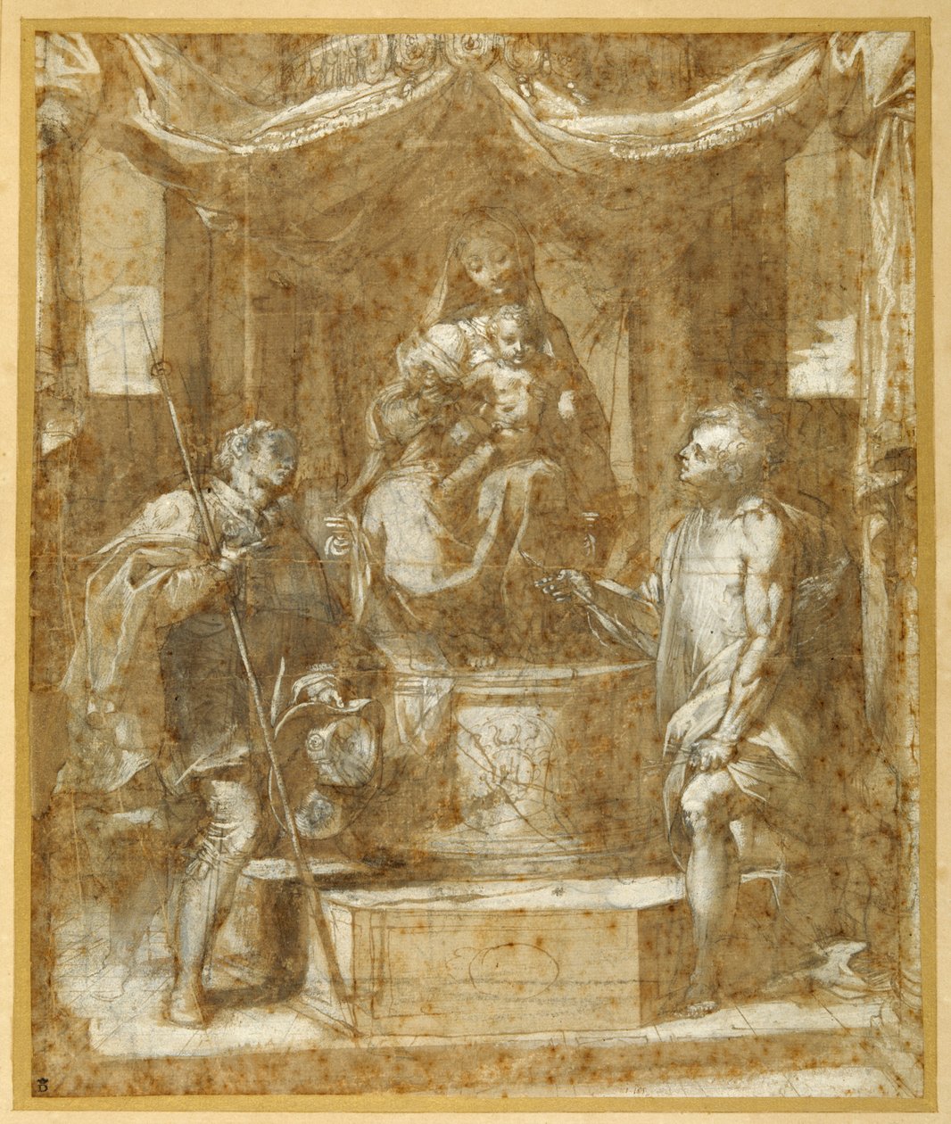 Dziewica z Dzieciątkiem na tronie pod baldachimem, ze św. Rochem i Sebastianem (pióro i brązowy tusz z brązowym rozmyciem i podwyższeniem) autorstwa Federico Fiori Barocci or Baroccio