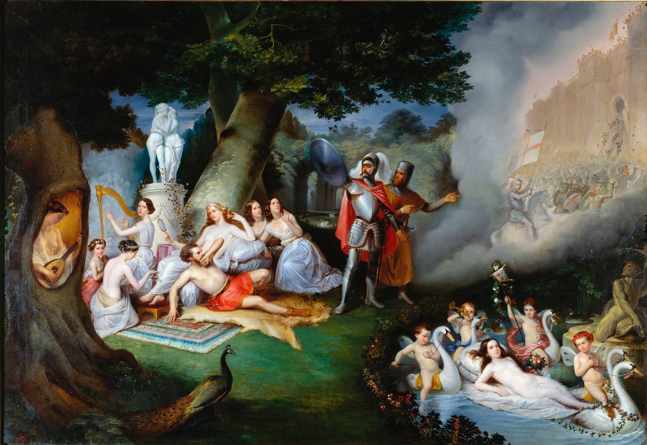 Renaud w ogrodzie Armide Ilustracja przedstawiająca scenę „The Jerusalem delivree” (La gerusalemme liberata) Torquato Tasso (znanego jako Kubek). Czarujący Armide otoczony bardzo symbolicznym seduitem Amours za pomocą swojego magicznego zwierciadła rycerza autorstwa Federico Peschiera