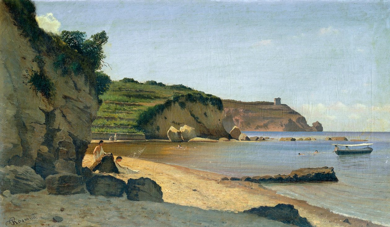 Przystań południowa, reż. Federico Rossano (1835-1912), olej na płótnie, 34x59 cm. autorstwa Federico Rossano