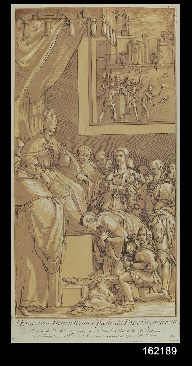 Cesarz Henryk IV (1050-1106) u stóp papieża Grzegorza VII (1020-85) ryty przez Mikołaja Le Sueura (1691-1764) autorstwa Federico Zuccari or Zuccaro
