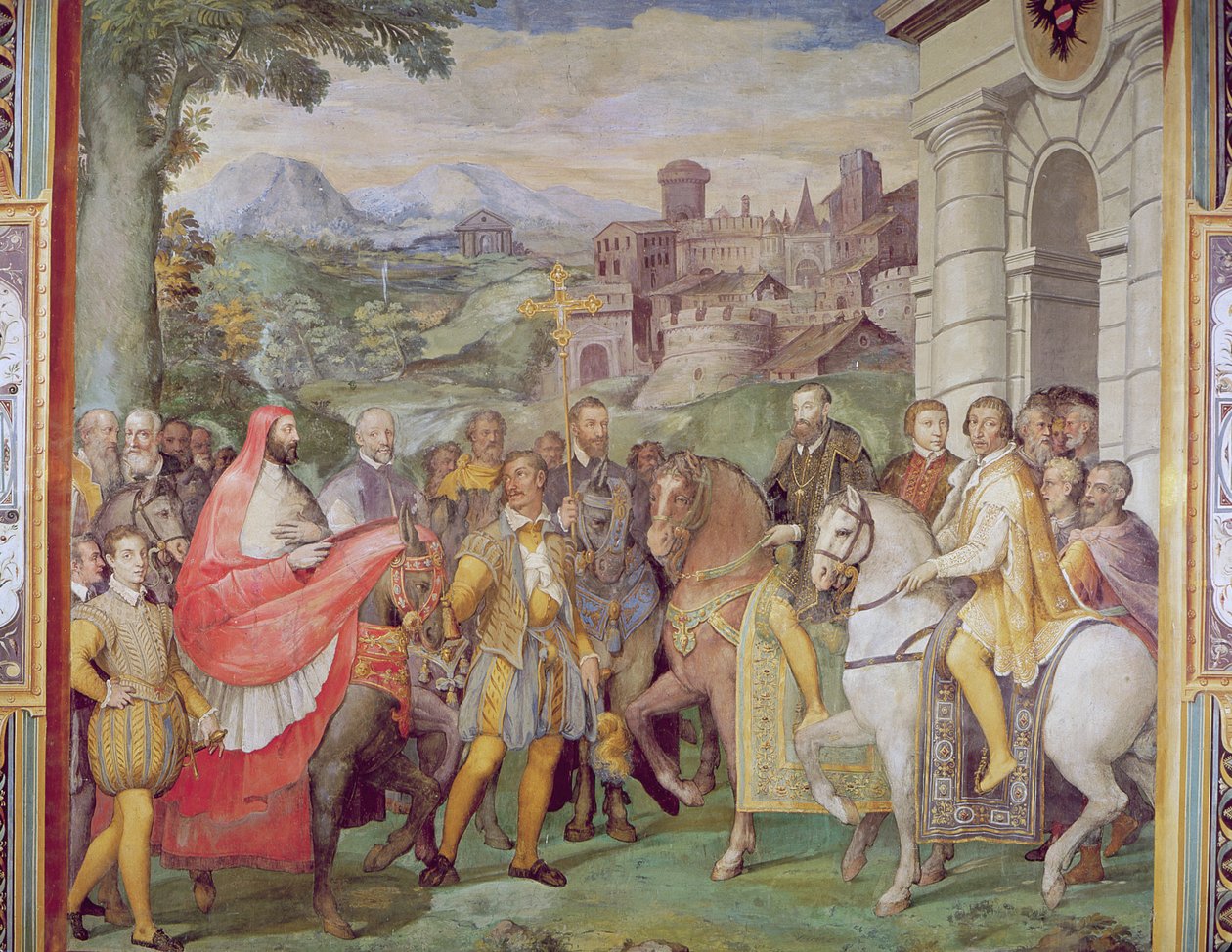 Karol V (1500-58) z Alessandro Farnese (1546-92) w Wormacji, z "Sala dei Fasti Farnese" (Sala Splendorów Farnese), 1557-66 (patrz 95812) autorstwa Federico Zuccaro