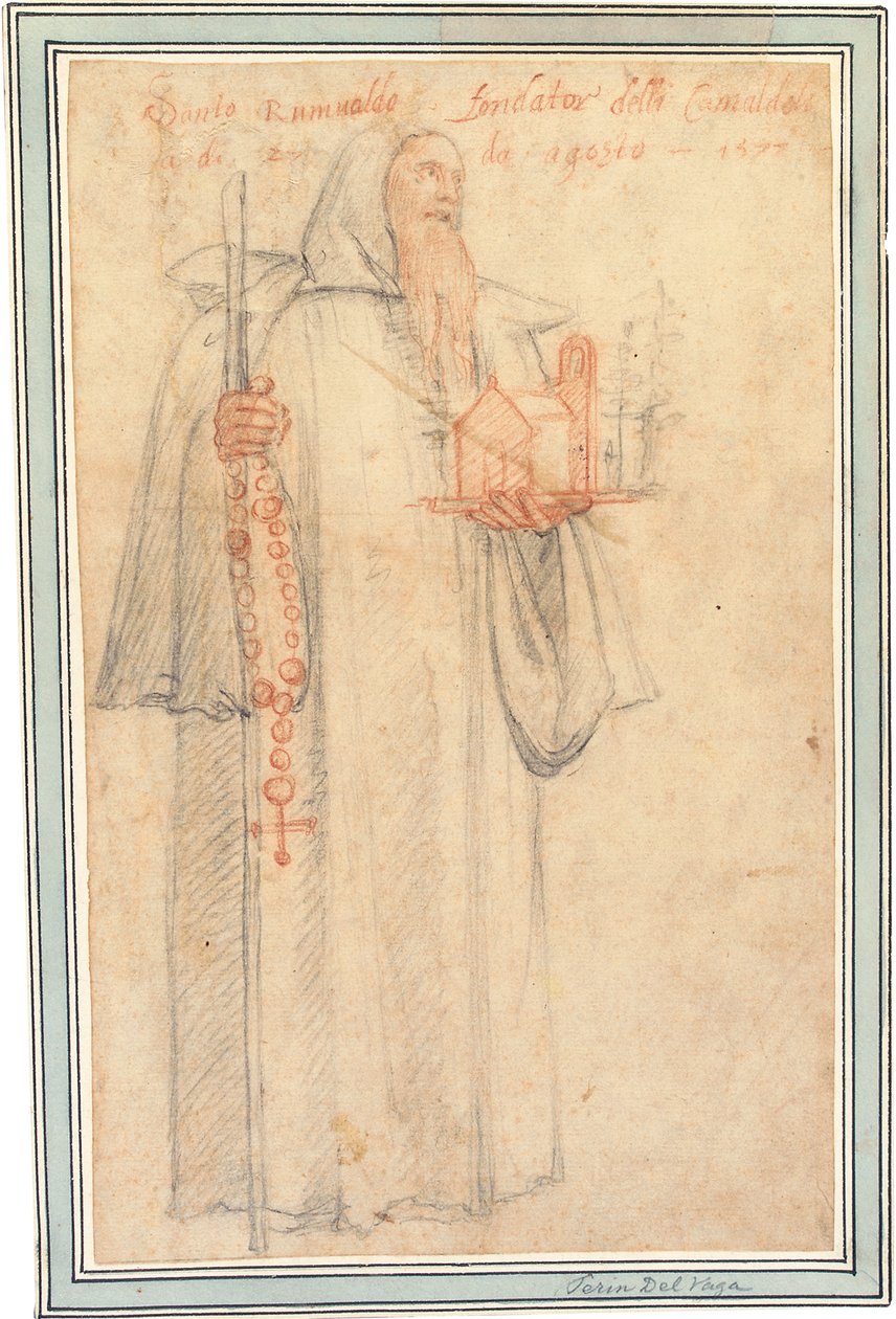 Fra Stefano, prokurator kamedułów w Vallombrosa, jako św. Romuald, trzymający model kościoła i różaniec, 1577 autorstwa Federico Zuccaro