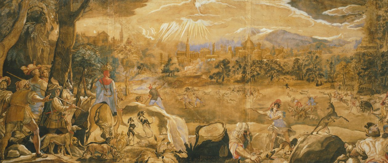 Scena myśliwska z wyimaginowaną Florencją – Federico Zuccaro (ok. 1540-1609) autorstwa Federico Zuccaro