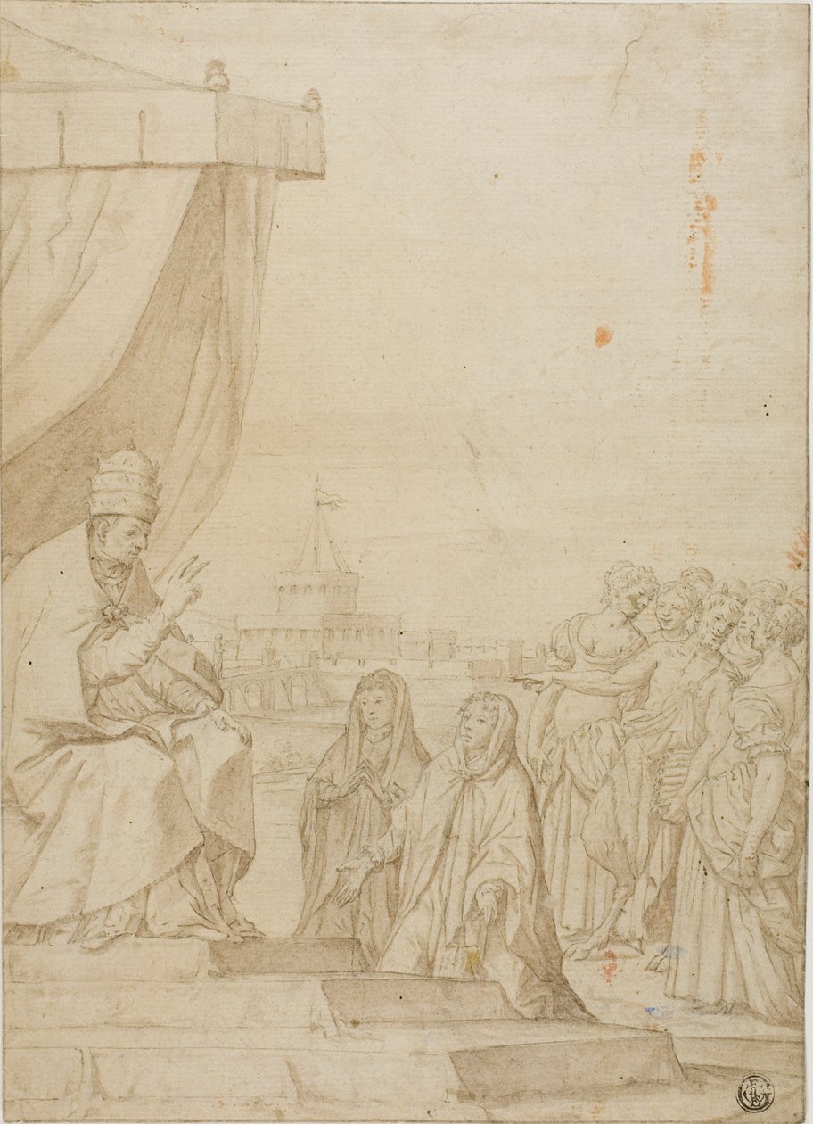 Papież błogosławiący dwie kobiety w obecności satyra i zgromadzonych kobiet na tle Castel Sant Angelo autorstwa Federico Zuccaro