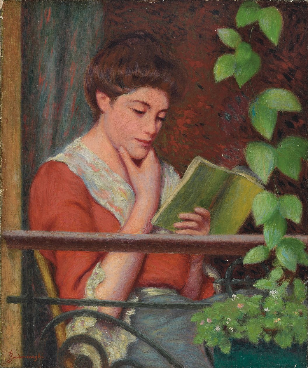 Reading al Fresco - Kobieta na balkonie; Czytanie na świeżym powietrzu - Kobieta na balkonie, autorstwa Federigo Zandomeneghi