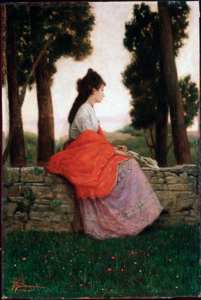Młoda dama czeka na coś siedząca na ściance - Obraz Federico Zandomeneghi (1841-1917) Kolekcja prywatna autorstwa Federigo Zandomeneghi