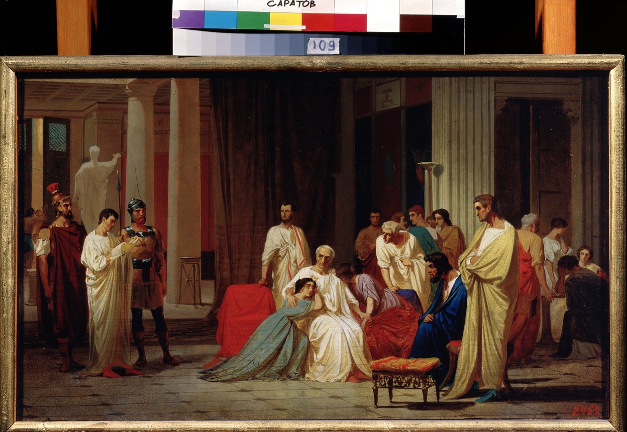 ""Czytanie wyroku śmierci rzymskiego senatora Publiusza Klodiusza Trazei Paetusa w 66 rne"" Obraz Fiodora Andreyevicha Bronnikova (1827-1902) XIX-wieczne Państwowe Muzeum Sztuki im. A. Radishcheva, Saratów autorstwa Fedor Andreevich Bronnikov