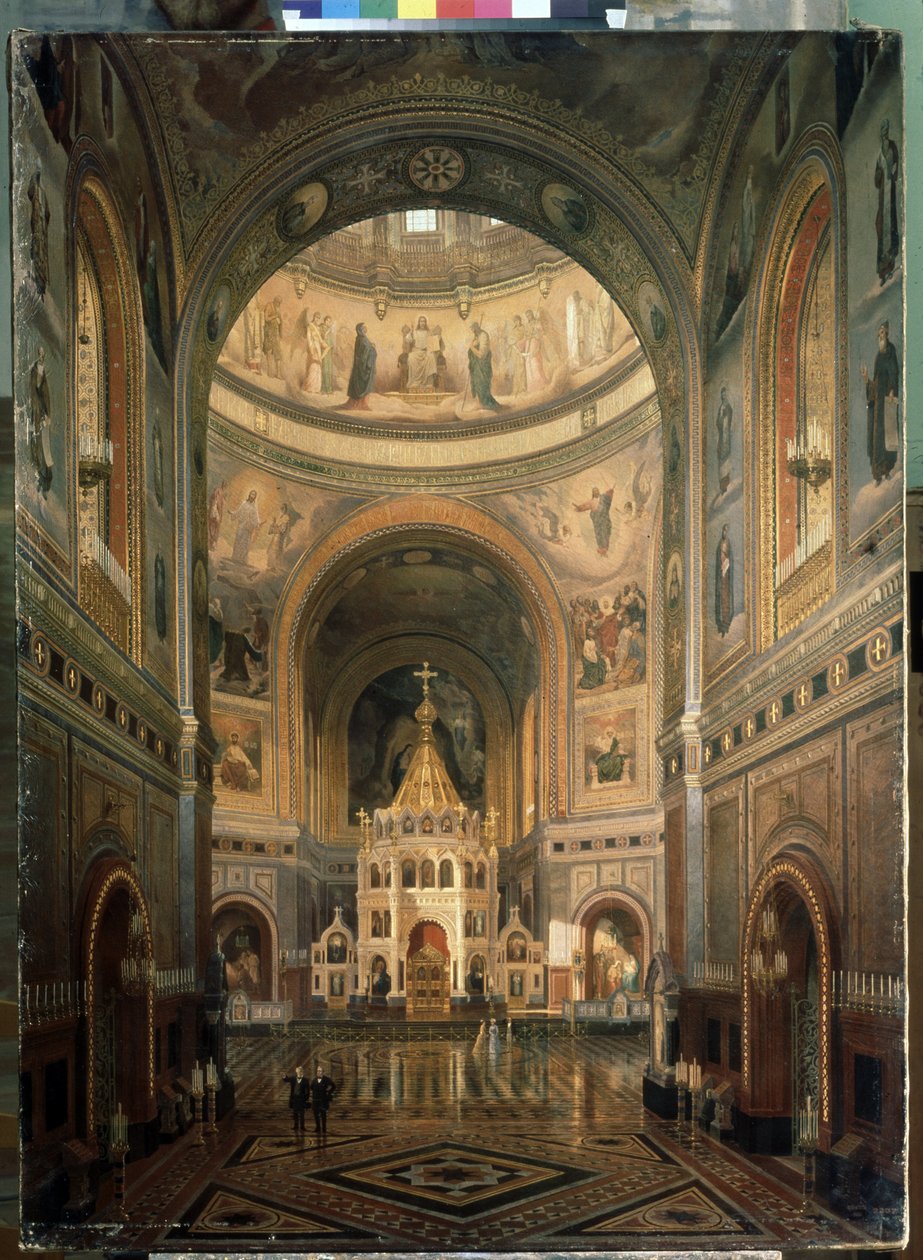 Widok wnętrza katedry Chrystusa Zbawiciela w Moskwie. (Widok wnętrza katedry Chrystusa Zbawiciela w Moskwie) - Zbudowany w latach 1839-1883, przez architekta Constantina Thona (Ton) - Opis architektury i dekoracji - Malarstwo autorstwa Fedor Andreevich Klages