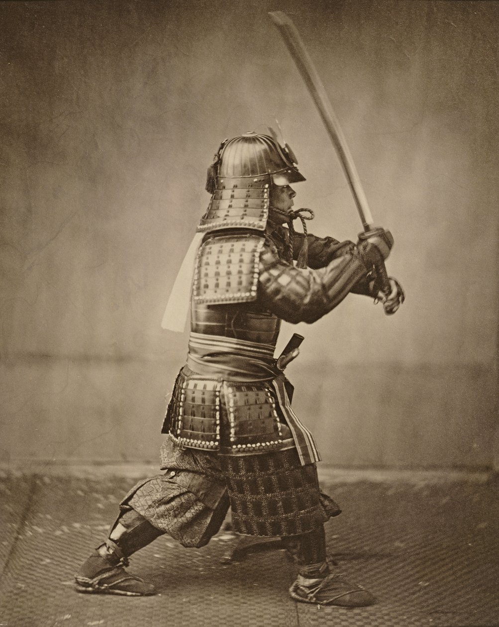 Samuraj z uniesionym mieczem, ok. 1860 (odbitka albuminowa) autorstwa Felice Beato