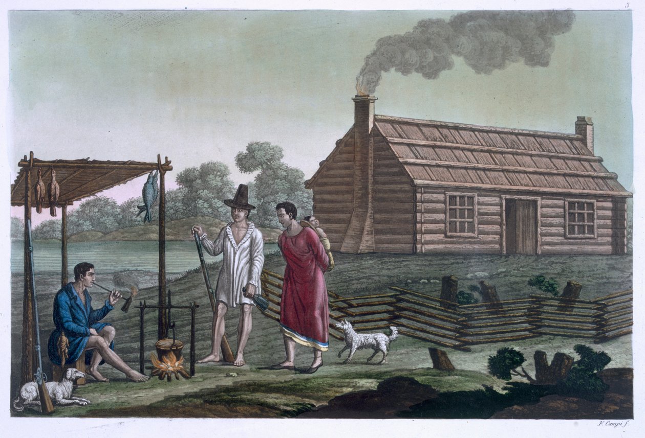 Osage w pobliżu rzeki Missouri, z „Le Costume Ancien et Moderne”, tom 1 lub 2, płyta 3, autorstwa Julesa Ferrario, wydana ok. 1820-30 autorstwa Felice Campi