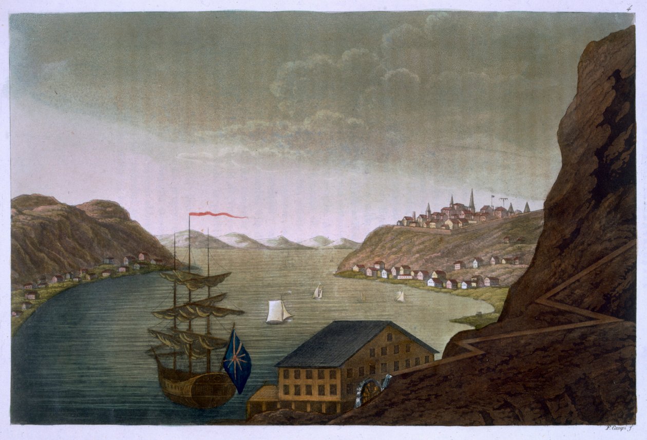 Quebec and the St. Lawrence River, płyta 4 z „Le Costume Ancien et Moderne”, tom 1, autorstwa Julesa Ferrario, wydana w latach 20.-30. XIX wieku autorstwa Felice Campi