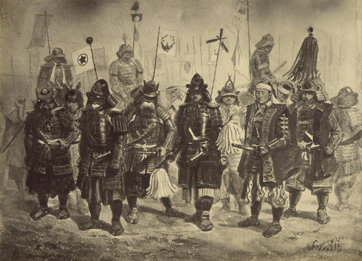 Kopia fotograficzna rysunku japońskich wojowników Charlesa Wirgmana autorstwa Felice Beato