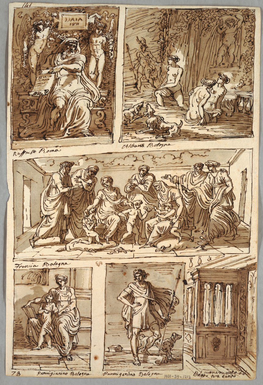 Projekt według obrazów Rafaela i Obrazy w Bolonii autorstwa Albani, Francia, Parmigianino; Monument Verso: studium anatomiczne autorstwa Felice Giani