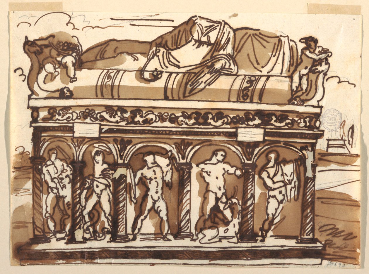 Rysunek przedstawiający rzymski sarkofag w Muzeum Watykańskim, ok. 1820 r. autorstwa Felice Giani