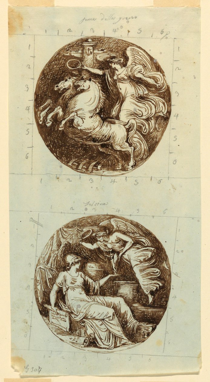 Rysunek, Uskrzydlone Zwycięstwo jadące na rydwanie; Uskrzydlone Zwycięstwo wieńczące Minerwę; dwa ronda, ok. 1805 r. autorstwa Felice Giani