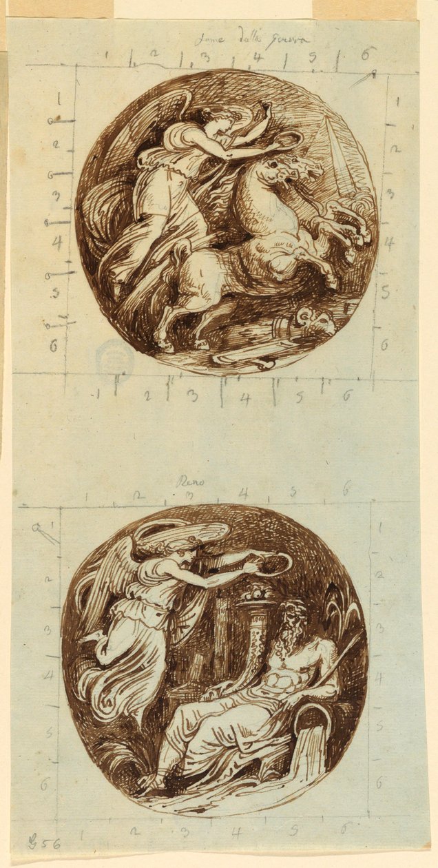 Rysunek, Uskrzydlone zwycięstwo jadące na rydwanie; Uskrzydlone zwycięstwo wieńczące boga rzeki, Reno; dwie okrągłe ryciny, ok. 1805 r. autorstwa Felice Giani