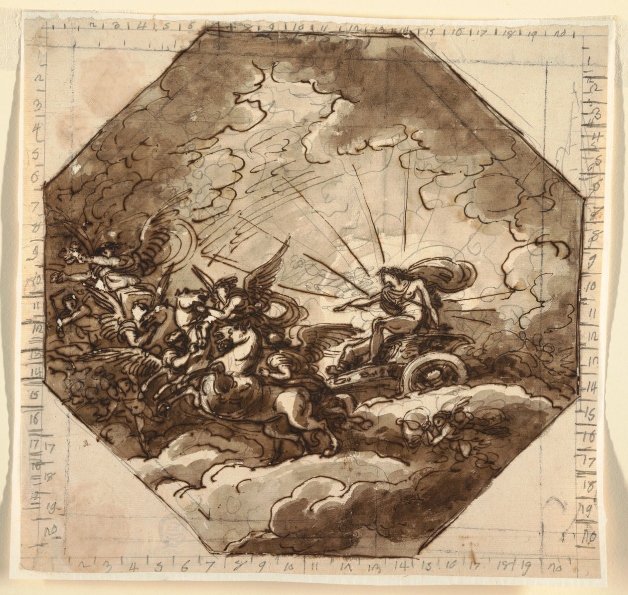 Rysunek, Apollo na rydwanie z Aurorą, Sala Ottogonale, Palazzo Milzetti, Faenza, 1804-05 autorstwa Felice Giani