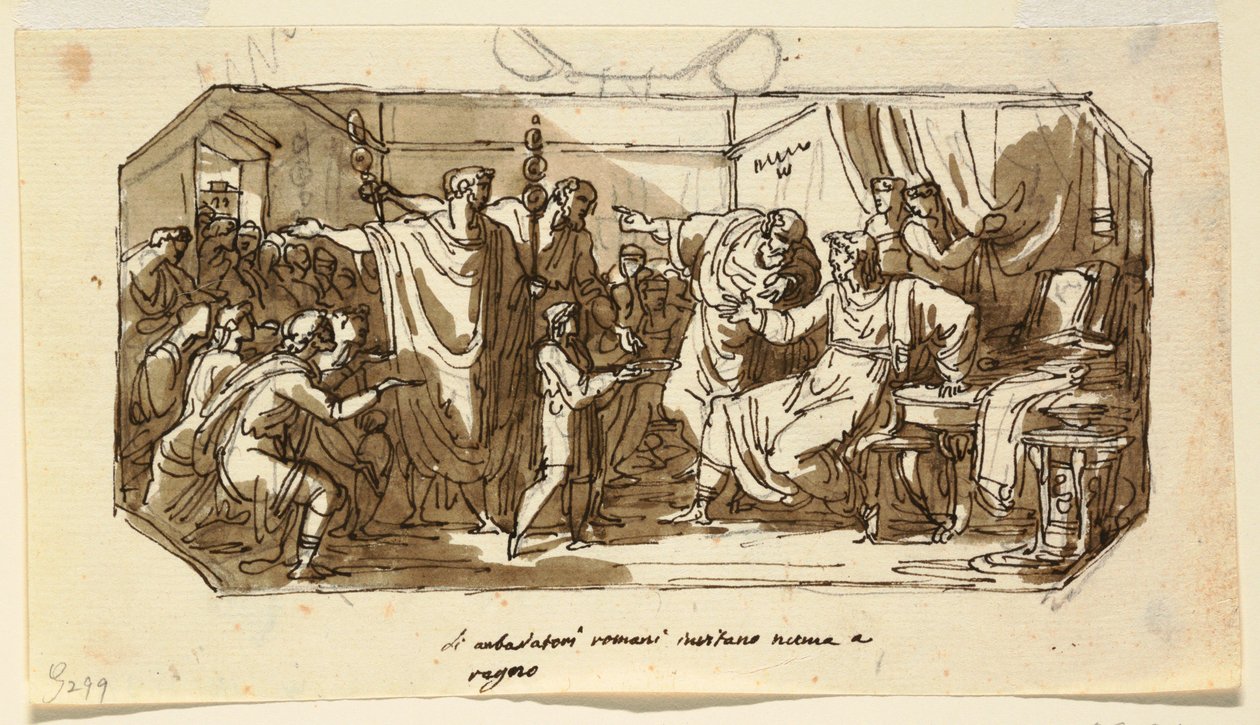 Rysunek, projekt sufitu: Rzymski ambasador prosi Sabinę Numę Pompiliusza o panowanie nad Rzymem, Sala di Numa Pompilio, Palazzo Milzetti, Faenza, 1802-05 autorstwa Felice Giani