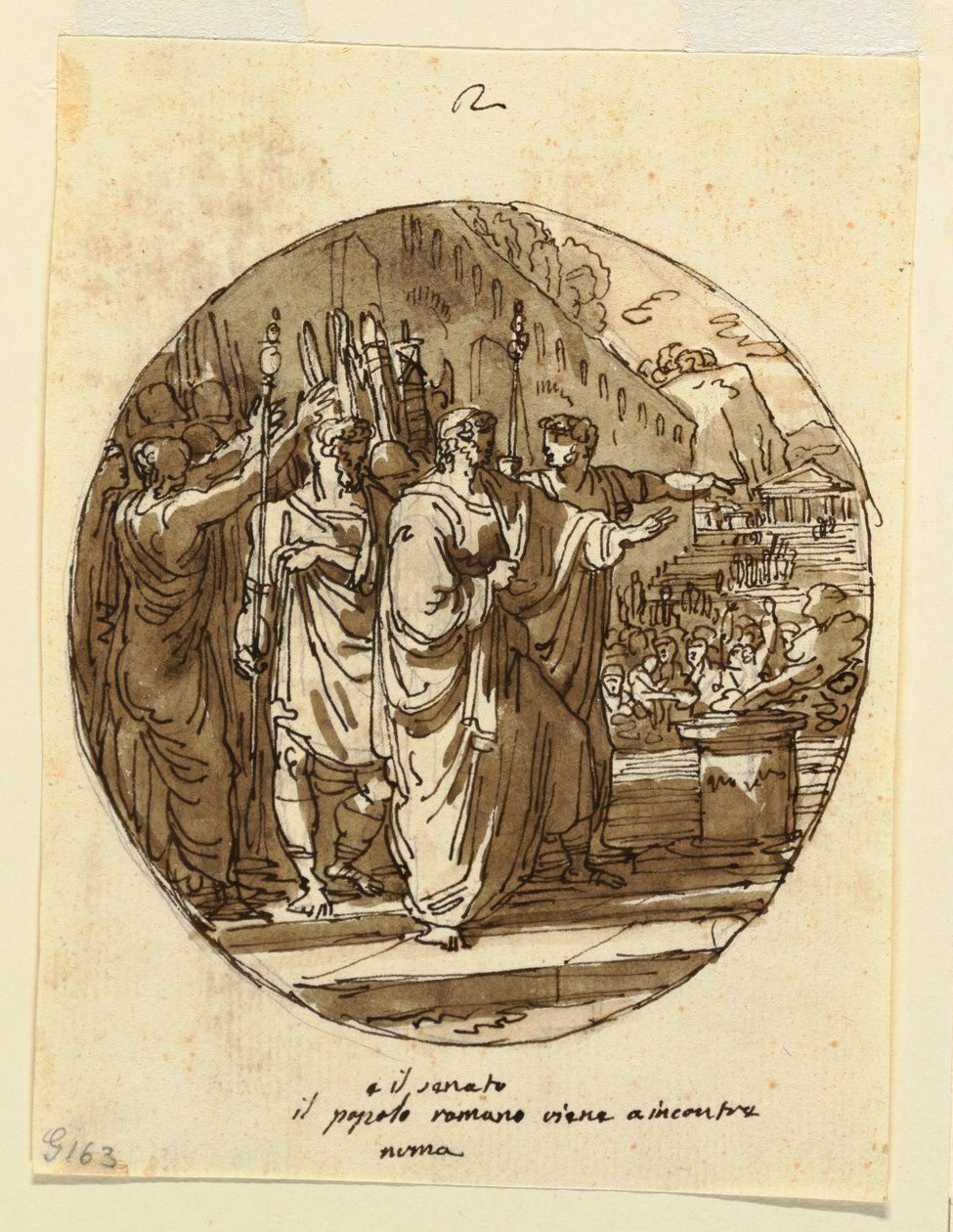 Rysunek, projekt sufitu dla Numy Pompiliusza witanego w Rzymie po wyborze, Sala di Numa Pompilio, Palazzo Milzetti, Faenza, 1804-05 autorstwa Felice Giani