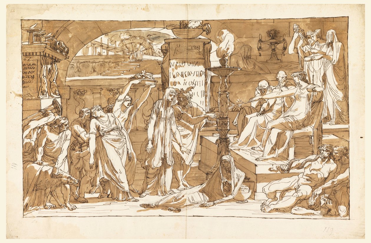 Rysunek, Hades; Persefona w podziemiach (ofiara dla Prozerpiny), ok. 1820 r. autorstwa Felice Giani