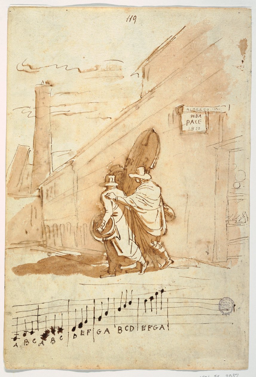 Rysunek, Recto:  Trzech muzyków przed Albergo Della Pace, 1810, 1810 autorstwa Felice Giani