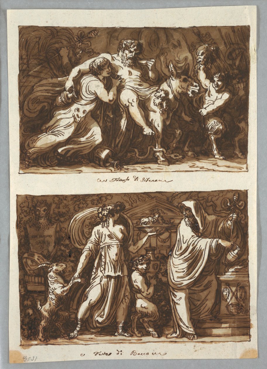 Rysunek, arkusz ze szkicownika:  Triumf Silenusa; Ofiara dla Bachusa, 1800-1810 autorstwa Felice Giani