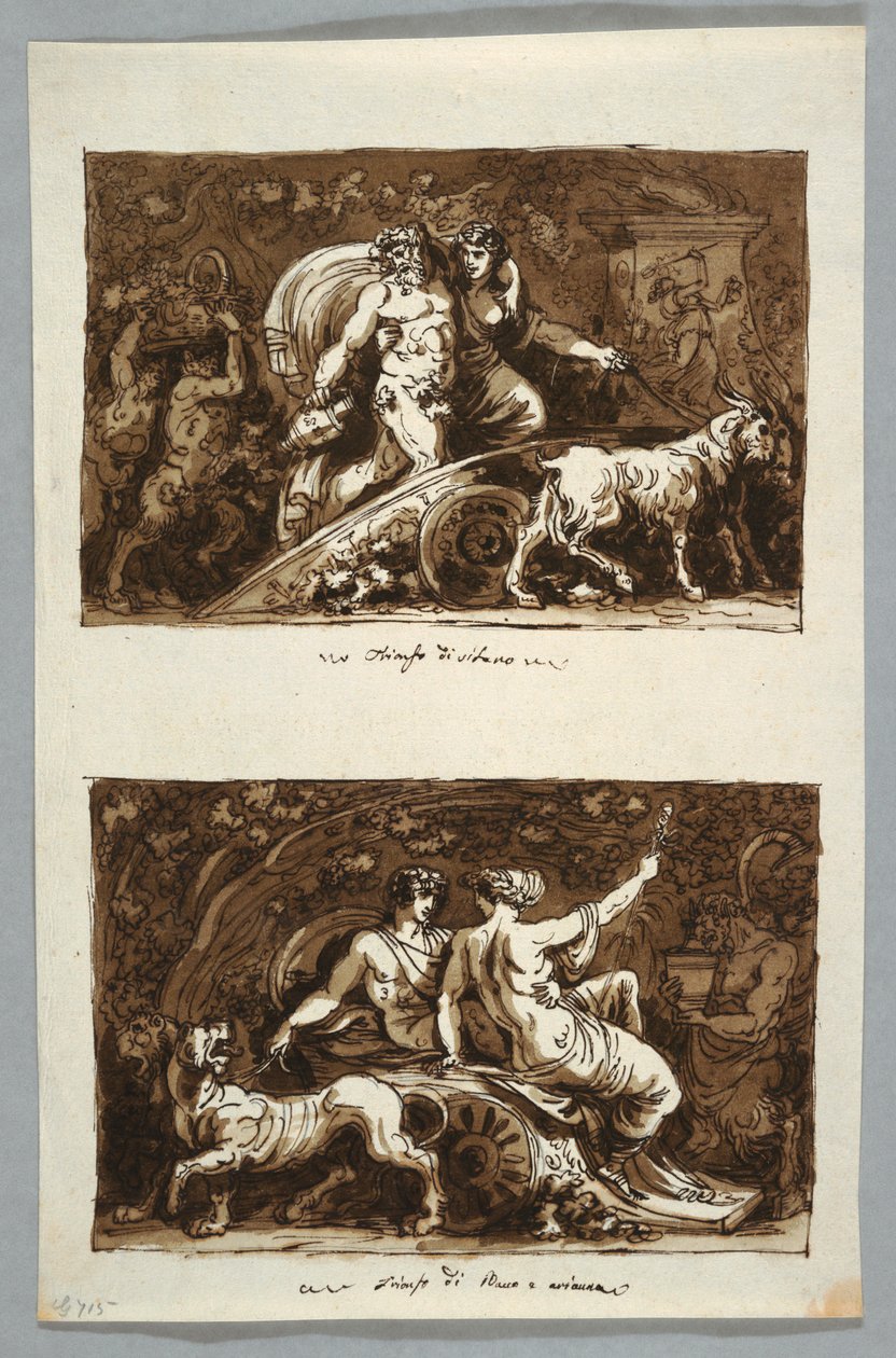 Rysunek, arkusz ze szkicownika: Triumf Silenusa i Triumf Bachusa i Ariadny, 1800-1802 autorstwa Felice Giani