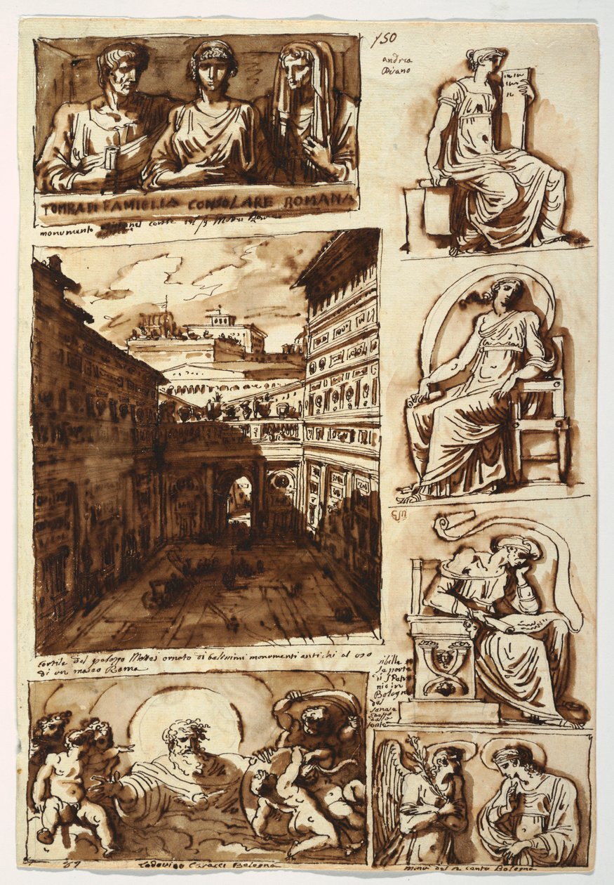 Rysunek, Różne dzieła sztuki.  Dwór w Palazzo Mattei w Rzymie, 1812-14 autorstwa Felice Giani