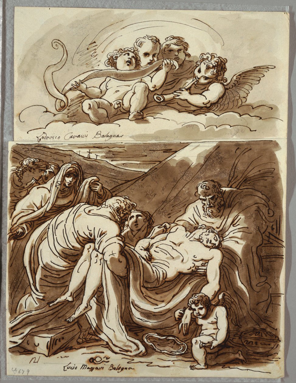 Cztery Putti tworzące muzykę, studium wg Lodovico Carracciego; Chrystus, studium po Massari autorstwa Felice Giani