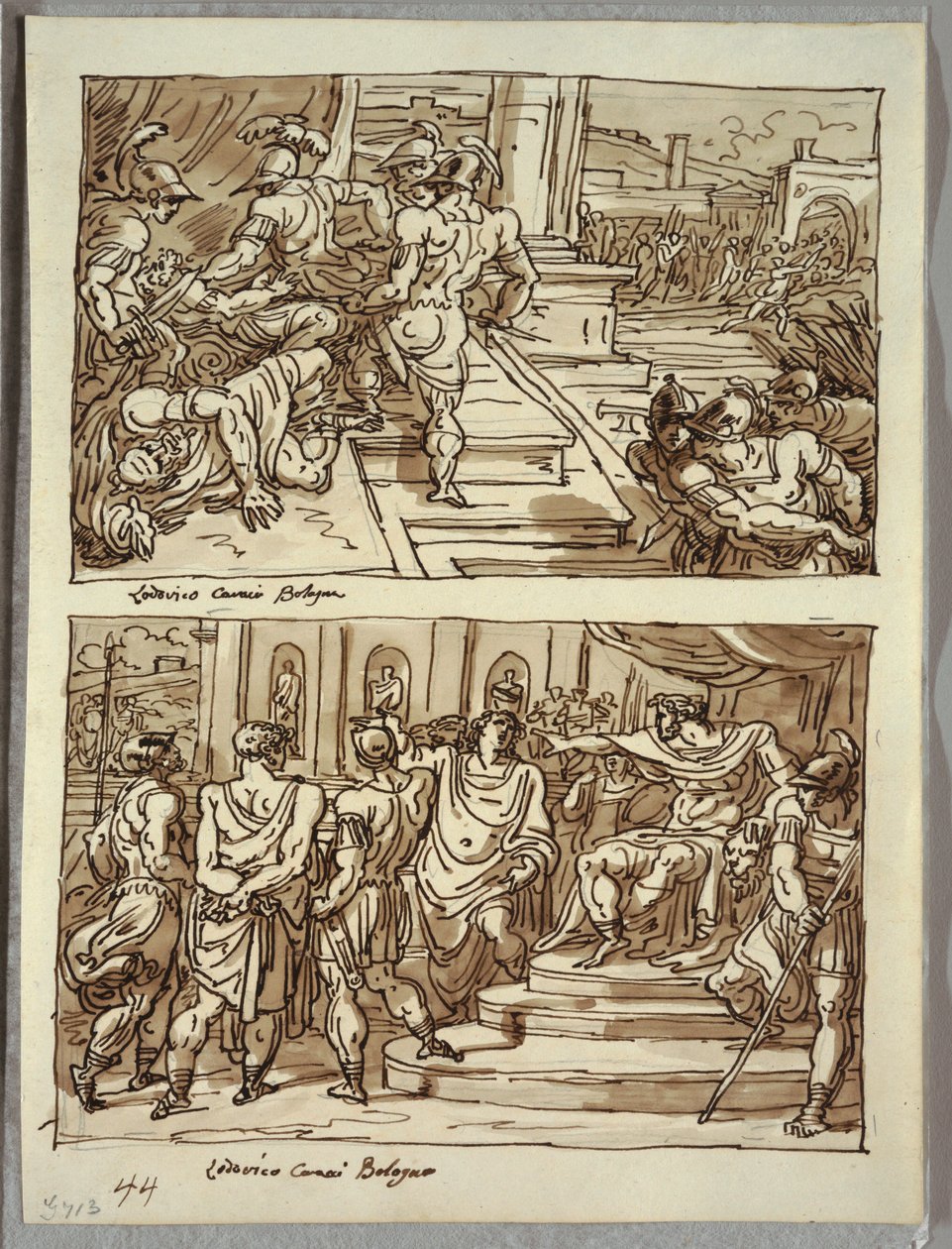 Remus zabija króla Amuliusa; Remus zakuty w kajdany przed królem Amuliusem; Dwa studia po Carracci autorstwa Felice Giani