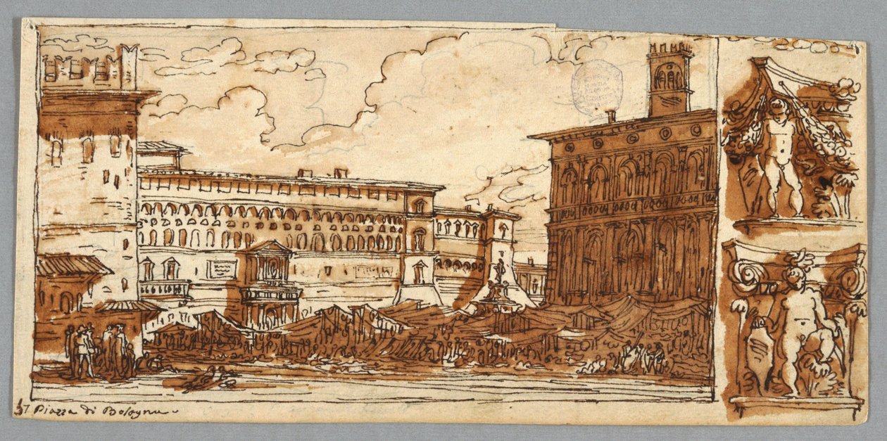 Sketchbook Page, Folio 57: Studium według Piazza Emmanuelle w Bolonii; Verso, Detal architektoniczny autorstwa Felice Giani