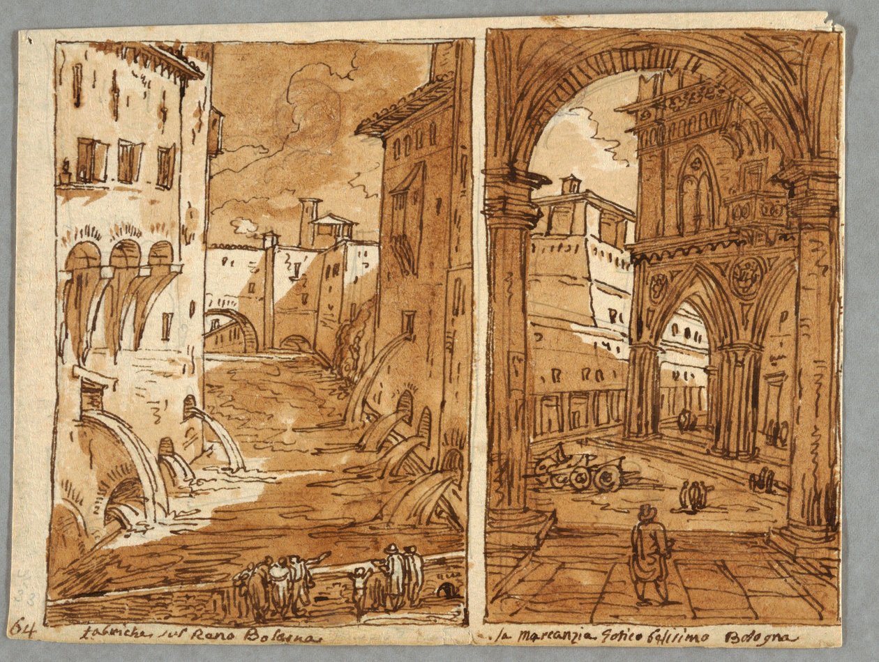 Sketchbook Page, Folio 64: Studium po bolońskiej architekturze i rzeźbie; Verso: Wzory geometryczne autorstwa Felice Giani