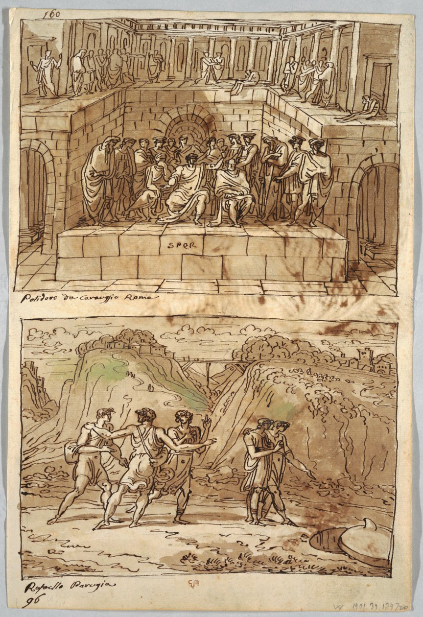 Strona szkicownika, Folio 98: Dwa obrazy według Caravaggia i Rafaela; Verso: Orzeł i Wół autorstwa Felice Giani
