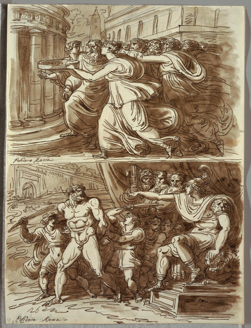 Vestal Tuccia niesie wodę w sicie; Dwa Studia po Polidoro da Caravaggio autorstwa Felice Giani