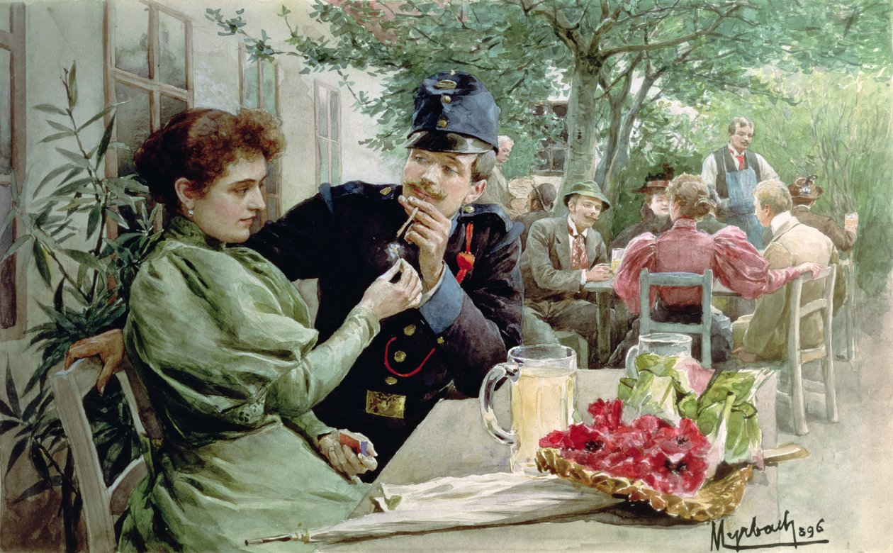 Żołnierz i młoda dziewczyna pijący nowe wino, 1896 autorstwa Felicien baron de Myrbach Rheinfeld
