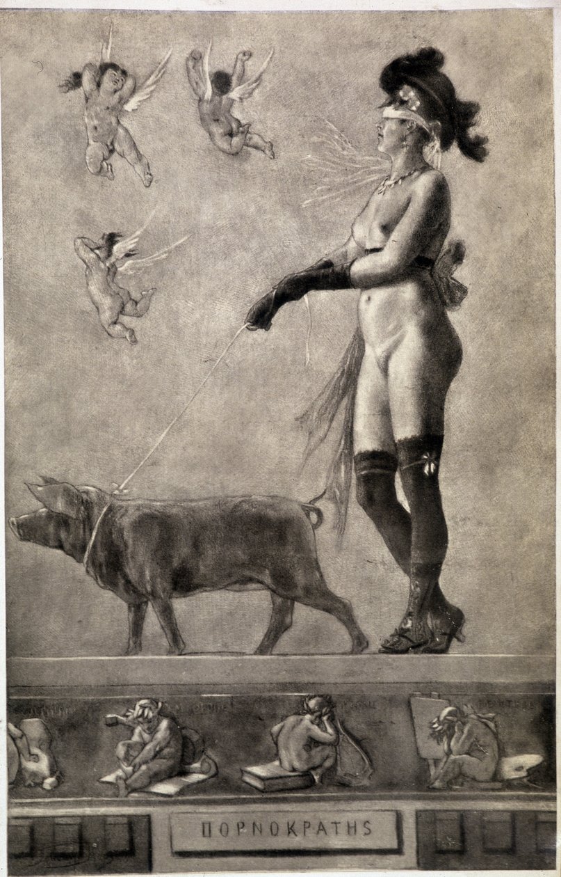 Pornokrates (Naga kobieta, oczy ze striptizem, otoczona aniołami i trzymająca świnię na smyczy) - rysunek Feliciena Ropsa (1833-1898) autorstwa Félicien Rops
